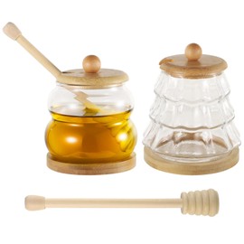 Epicover 2Pcs Honey Pot with Dipper & Sealed Lid 14.2 oz +11 oz Glass Honey Jar with Wooden Honey Dippers Stick Tray Set