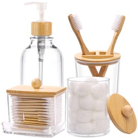 Juego de accesorios de baño de bambú, 4 piezas - Soporte para cepillo de dientes transparente, dispensador de jabón de plástico y 2 soportes para