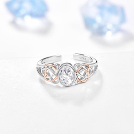 praymos Clear Stone 925 Sterling Silver Birthstone Ring for Women Girls Gemstone Ring Celtic Knot Statement Ring Oval Open Birthday Jewelry
