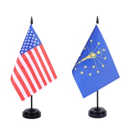 WXTWK 2 Pack USA Indiana Flag Indiana State Desk Flag Set - Mini Small Indiana Table Office Flags with Black 12" Solid Pole Stand Base Classroom Meeting Desktop Decorations