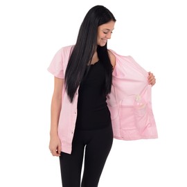 USBD Crew Neck Post Mastectomy Shirt with Drain Pockets (Small, Light Pink)