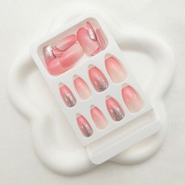 Light Pink Press on Nails Short Coffin Fake Nails with Silver Glitter Designs Ombre Full Cover Acrylic Nails Glossy Summer Artificial Sequins Stick on Nails for Women 24 Pcs