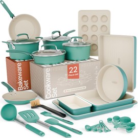 Pots and Pans Set, 22-Piece Non Stick Cookware & Bakeware Sets with Plaid Pattern, Stackable Design, Dishwasher Safe, Stain-resistant, Oven & All-Stove Safe, Tempered Glass Lid,Aqua