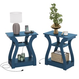FROMJBEST End Tables Living Room Set of 2,End Table with Charging Station and USB,Navy Blue Side Table, Nightstand for Bedroom,3 Tier End Table with Storage Shelf for Living Room Navy Blue