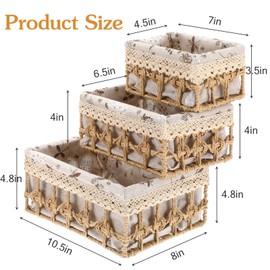 3 Pack Small Wicker Baskets with Lid & Liner, Paper Rope Woven Storage Basket, Rectangular Decorative Boxes Container Bins for Shelves Table Desktop Snacks Gifts Makeup Organizer