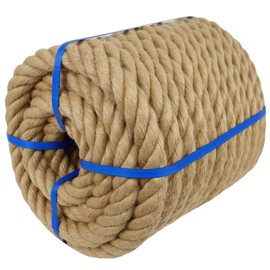1-1/2 Inch Natural Jute Rope, 50 Feet Thick Hemp Rope, 4 Strands Twisted for Docks, Nautical, Raliings, Climbing, Decorating, Indoor/Outdoor Use