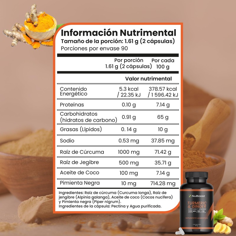 NuBoost Cúrcuma y Jengibre 1610 mg – 180 Cápsulas con