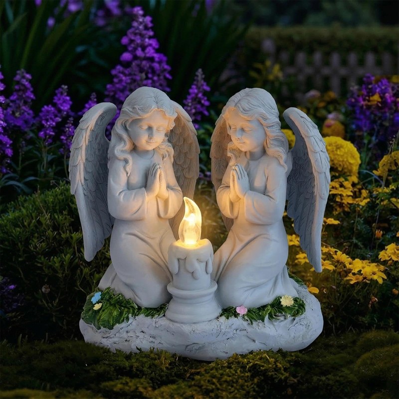 Solar Powered Twin Angel Garden Statue 6.49 Inch - Waterproof