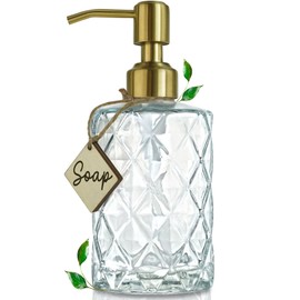 JASAI Diamond Design Glass Soap Dispenser with Golden Pump, Refillable Hand Soap Dispenser for Kitchen, Soap Dispenser Bathroom for Soap, Hand soap, Dish Soap, Lotion.