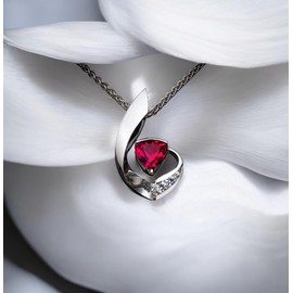 Geometric Ruby Necklace - Decorated with white sapphire - Trillion Triangle Cut Ruby Pendant - White gold @ Sterling Silver - Wheat adjustable Chain 16" ~20" #1009