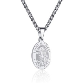 Aretas St. Saint Michael Pendant Necklace for Men Teen Boys Stainless Steel Catholic Saint Michael Medal Chain Jewelry Baptism First Communion Confirmation Gifts Teenage Him Age Silver