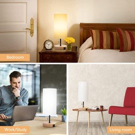 Aigostar Bedside Lamp with 2 USB Charging Ports, E27 Table Lamp with Pull Switch, Wooden Base, Modern Table Lamp for Bedroom, Living Room, Desk, Baby Room - White