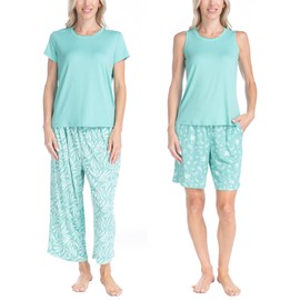 MUK LUKS All Mixed Up 4 Piece Pajama Set, T-Shirt, Tank Top, Sleep Shorts and Capris, Green/LeafyGreenGarden, S
