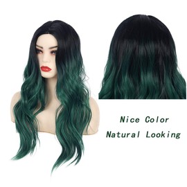 Baruisi Long Wavy Ombre Black Green Wig Synthetic Natural Middle Part Cosplay Costume Hair Wigs for Women Girls