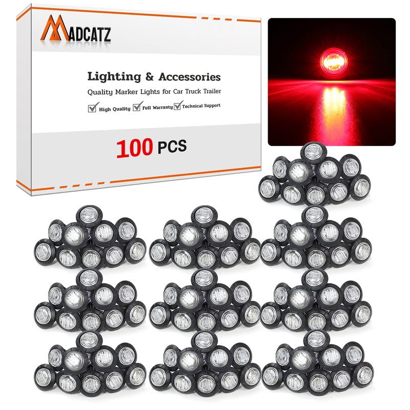 100Pcs 3/4 Inch Clear Lens Red 3 LED Marker lights,