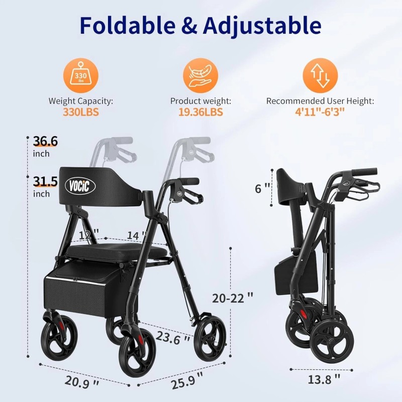 Vocic Walkers for Seniors Foldable Walker with Seat Rollator Walker