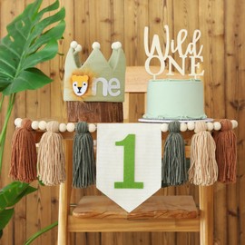 HODIHIWI HODIHIWI Wild One 1st Highchair Wood Bead Tassel Garland Lion Crown Hat Wooden Cake Topper Birthday Party Decorations