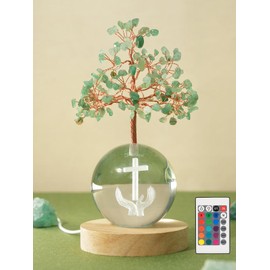 Seven Chakra Tree of Life for Spiritual Gifts, Green Decor Jesus Cross Home Decor, Remote Control Multicolor Lamp Lucky Tree with Aventurine, Gift for Christians Prayer Room Accent Father's Day.