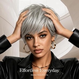 Peluca de cabello humano Pixie de 4 pulgadas gris plateado para mujer | 100% cabello real, corte Pixie corto con flequillo, sin pegamento, gorra liger