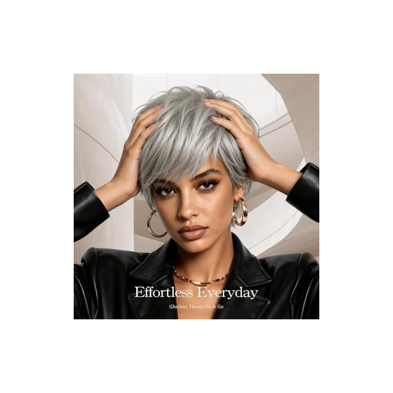 Peluca de cabello humano Pixie de 4 pulgadas gris plateado