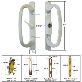 Sliding Glass Patio Door Handle Kit with Mortise Lock, Face Plate and Keepers, A-Position, White, Keyed