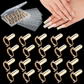 EBANKU 20PCS Wudu Nail Rings, Updated Adjustable Nail Rings Detachable Reusable Women Gift Ring Set with 120PCS Adhesive Nail Tabs for Acrylic Nail Art Decoration Gold