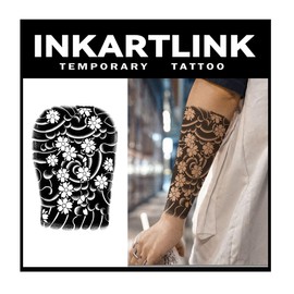 INKARTLINK Tattoo Tech,2 Sheets Extra-Large Semi Permanent Tattoo,Adult Art Design Temporary Tattoos, Lasts 1-2 Weeks, Waterproof, Realistic look,(Japanese Flower Arm Design）