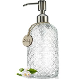 JASAI 18Oz Gem Patterned Clear Glass Soap Dispenser with Rust Proof Pump, Refillable Hand Soap Dispenser for Kitchen, Premium Bathroom Soap Dispenser for Dish Soap, Hand soap, Lotion(Clear).