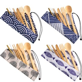 4 Sets Bamboo Travel Utensils Set, Reusable Bamboo Utensil Fork Knife Spoon Chopsticks Straw Cleaning Brush for Travel Picnic Office School (Chic Style）