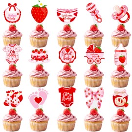 Strawberry Baby Shower Decorations 48pcs Berry Sweet Baby Shower Cupcake Toppers LUCKYQUBE It's a Girl Gender Reveal Cupcake Decorations for Girl A Berry Sweet Baby Is On The Way Supplies