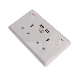 Double Wall Plug Socket 2 Gang 13A with 2 USB Charger Port Outlets Plate White - BS1363