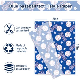 JarThenaAMCS 60 Sheets Baseball Tissue Paper Blue Sports Ball Gift Wrapping Paper for DIY Art Crafts Birthday Holiday Party Decor Supplies, 14 x 20 Inch