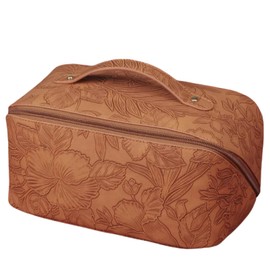 Kopumat Large Capacity Travel Cosmetic Bag - Portable Makeup Bags for Women Waterproof PU Leather Floral Makeup Organizer Bag with Dividers and Handle,Toiletry Bag for Cosmetics (Browm)