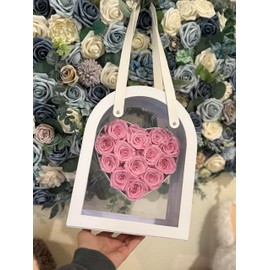 Preserved Rose Heart Display Lantern, 13 Forever Roses in White, Black Frame (White Frame, Pink Rose)