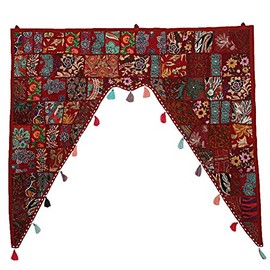 Stylo Culture Decorative Cotton Swag Curtain Large Door Valance For Bedroom Maroon Vintage Embroidered Patch Work Floral Scarf Curtain Topper Living Room Window Hanging Toran Gate | 45 x 41 Inches