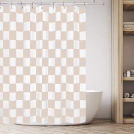 Tititex Aesthetic Checkerboard Grid Pattern Faux Linen Fabric Shower Curtain, White Cream Modern Shower Curtain Sets Decoration 71x71 Inch with 12 Hooks