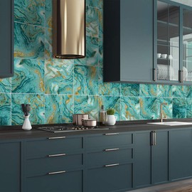 Vinilo calcomanía de transferencia de azulejos de pared con efecto de mármol, calcomanía autoadhesivo para decoración de baño Kithchen, 6 x 6 pulgadas, 10 unidades, color azul malaquita