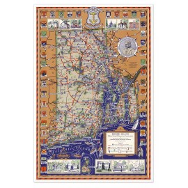 Big Pictorial Color MAP of the State of RHODE ISLAND circa 1930 - 24" x 36" USA