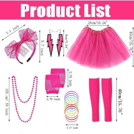 PINEPAN 80s Outfit Women's Tutu Skirt Lace Headband Neon Earrings Necklace Leg Warmers Fingerless Gloves Bracelet Pink Red, Pink / red