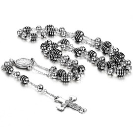 Flongo Silver Jesus Christ Crucifix Rosary Cross Pendant Necklace Stainless Steel Mens Womens, 33 inch Chain