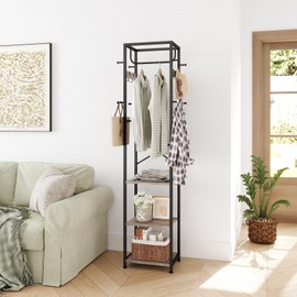 ELYKEN Coat Rack Freestanding, Hall Tree with 3 Storage Shelves and 12 Hooks, Industrial Clothes Rack Stand Organizer for Bedroom, Hallway, Entryway, Office, Living Room, Greige