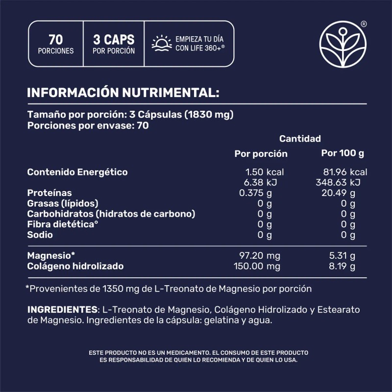 Treonato Magnesio Life 360 Mag Threonate 210 Cápsulas Sabor