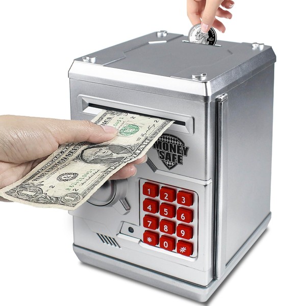 HUSAN Tirelire électronique Mini ATM Tirelires Money Box, Boîte de pièce de Monnaie Économiser de l'argent Jouet pour Les Enfants, Anniversaire Cadeau de Noël pour garçons et Filles (Argent)