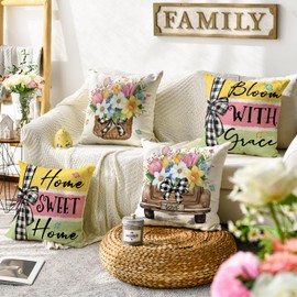 AVOIN colorlife Spring Flowers Tulip Basket Home Sweet Home Throw Pillow Covers, 18 x 18 Inch Bloom with Grace Truck Cushion Case Decorations for Sofa Couch Set of 4