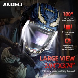 ANDELI Welding Helmet - Panoramic 180° View 3.94"X3.74",True Color Auto Darkening Welding Helmet with Light, 4 Arc Sensor, 4/5-8/9-13 Type-C Charging (MONERDB-LED)