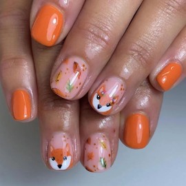 24pcs Short Square Press On Nails Fall Fake Nails Leaf With Fox Design Orange False Nails Full Cover Acrylic Artificial Autumn Glue On Nail Stick On Nail For Women Manicure