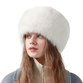 Peicees Winter Faux Fur Hat for Women Girls Cossack Russian Style Hat Ladies Ushanka Fuzzy Furry Hat Warm Fluffy Bucket Hat White