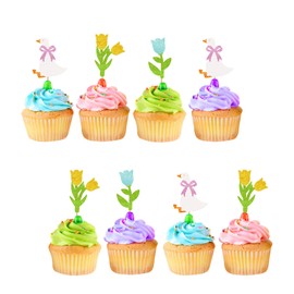 24pcs Silly Goose Cupcake Toppers, One Silly Goose Birthday Cupcake Toppers, Pink Glitter White Goose Cupcake Picks for Baby Shower, White Goose Themed Birthday Party Supplies