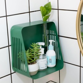 Tnstbiee Mid-Century Modern Floating Wall Shelf - Green Iron Bathroom Corner Shelf with Hydroponic Hole & Diffuser Stand, Space-Saving Wall-Mounted Organizer for Entryway, Kitchen, Bathroom