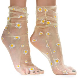 AVIAN LEGS Daisy Women Fashion Sheer Ankle Socks – 1 Pair Floral Mesh See-Through Tulle Socks – Lightweight Transparent (US Sizes 5-8) (US, Numeric, 5, 8, Regular, Regular, Yellow)